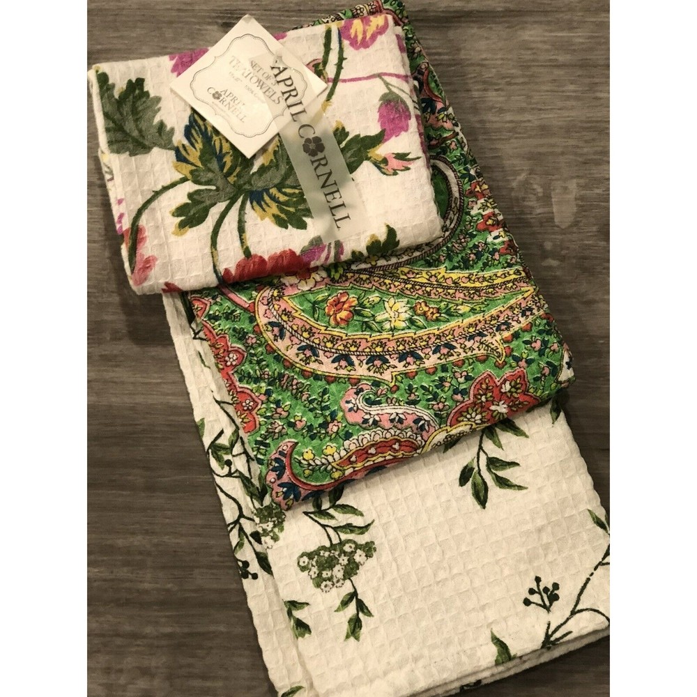 3 PC April Cornell Cotton Kitchen Tea Towel Set Floral Pinks Greens - New, Gift
